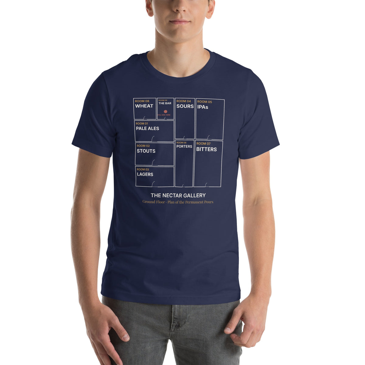 A model wearing The Floorplan Tee in navy