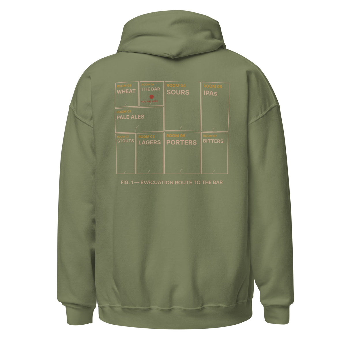 Evacuation Route hoodie in military green, back view with the gallery plan print