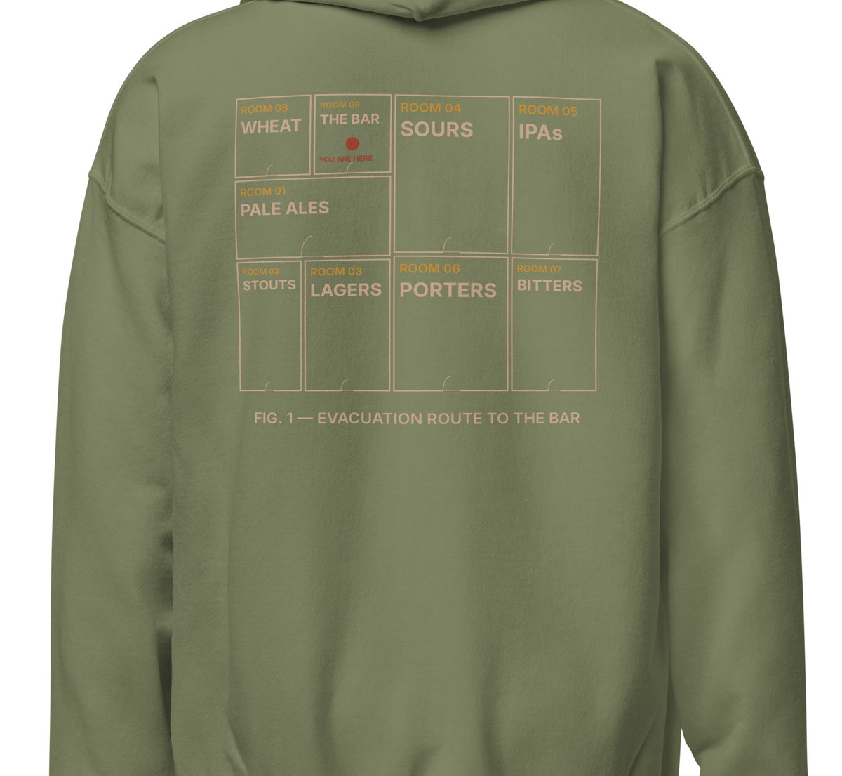 Close-up of the evacuation route gallery plan printed on the back of the hoodie