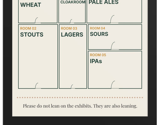 Close-up of the lower half of the framed Visitor Plan poster with its footer joke