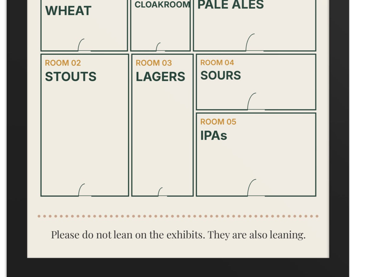 Close-up of the lower half of the framed Visitor Plan poster with its footer joke