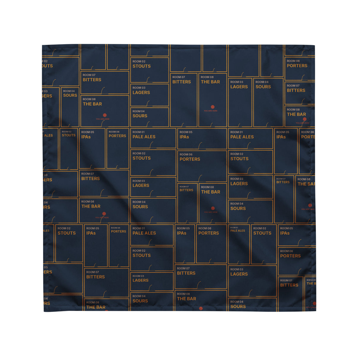 Floorplan bandana laid flat, with an amber gallery plan repeated on navy