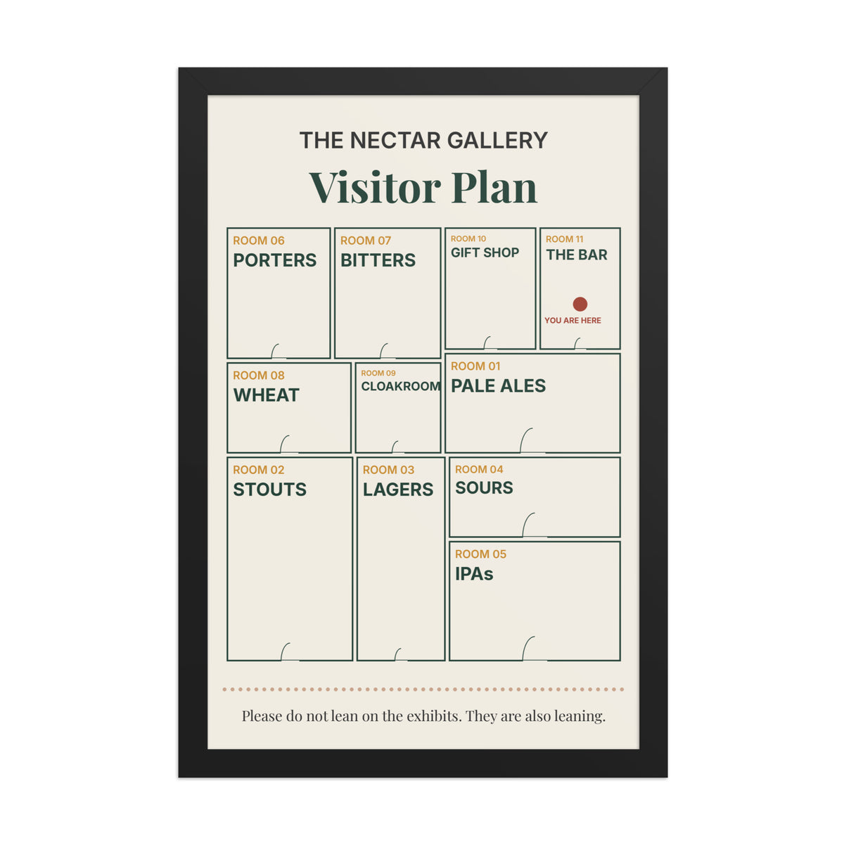 Framed Visitor Plan poster in a black frame, a gallery map with rooms named after beer styles
