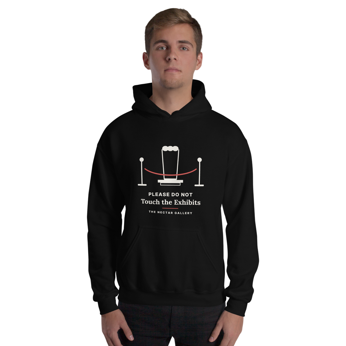 Please Do Not Touch the Exhibits hoodie, worn view