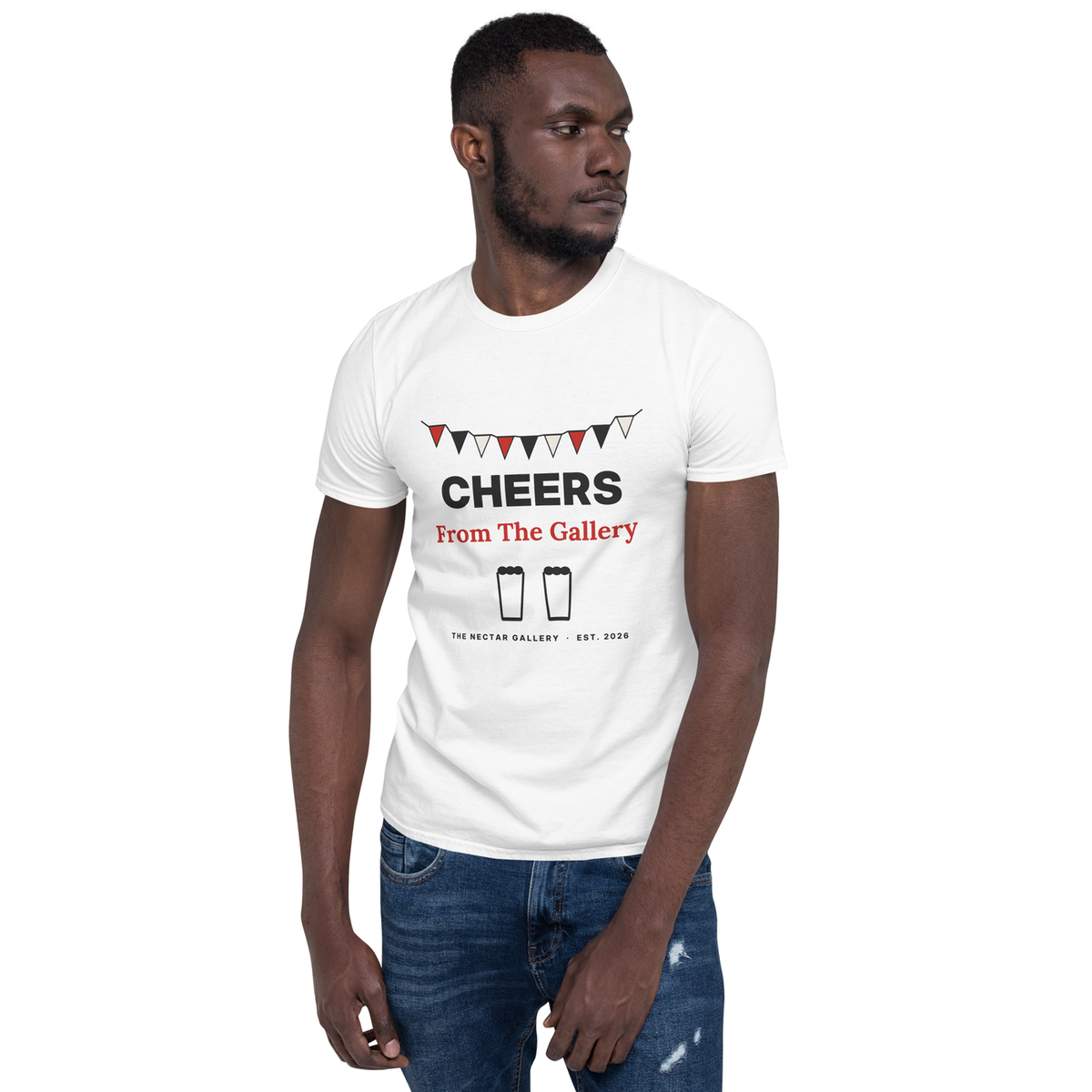 Cheers From The Gallery tee, white, worn by a model