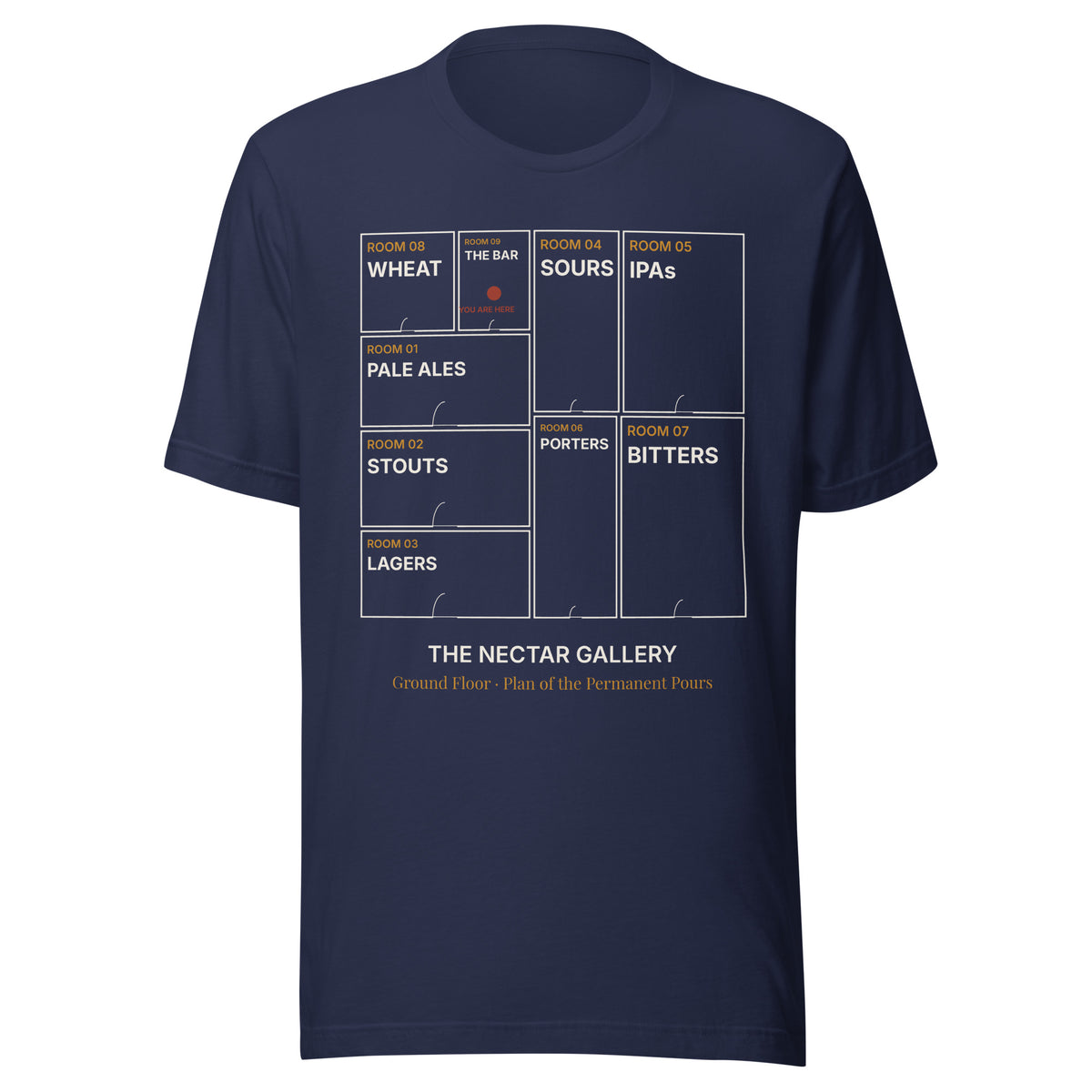 The Floorplan Tee in navy, front view with the gallery floorplan print