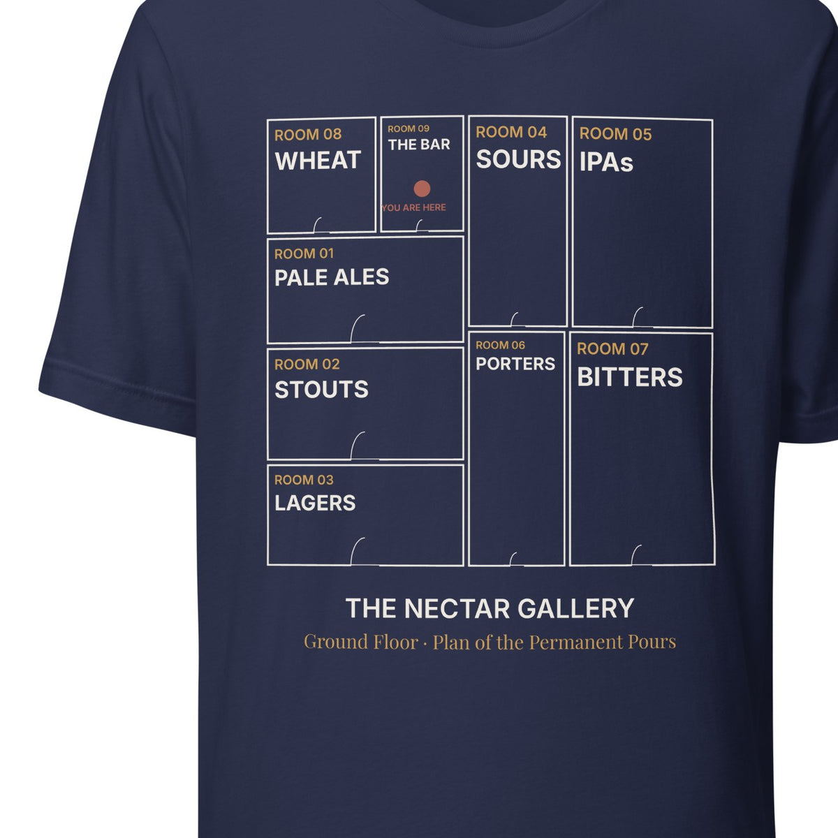 Close-up of the Floorplan print on the navy tee, with rooms labelled as beer styles