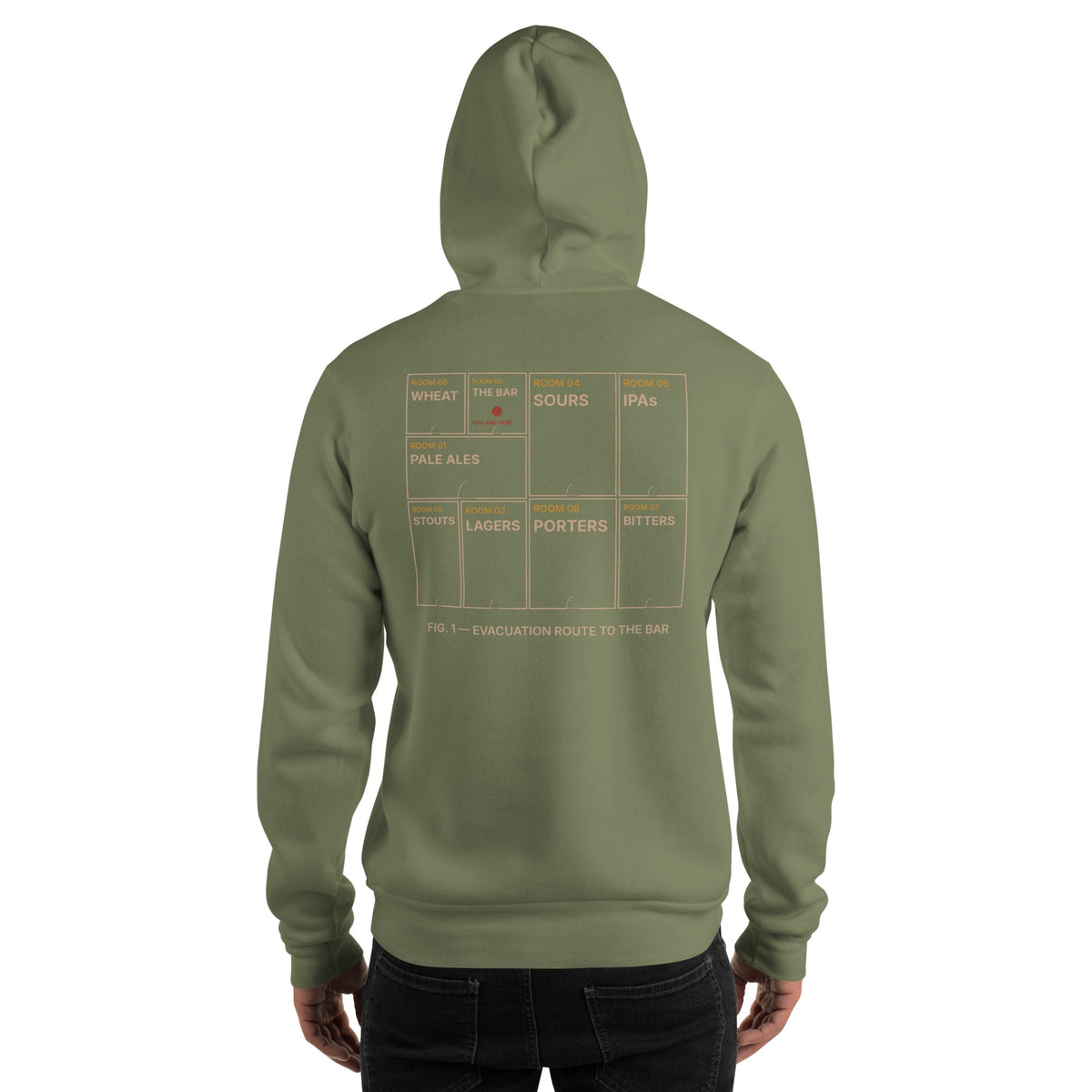 A model wearing the Evacuation Route hoodie in military green, seen from behind