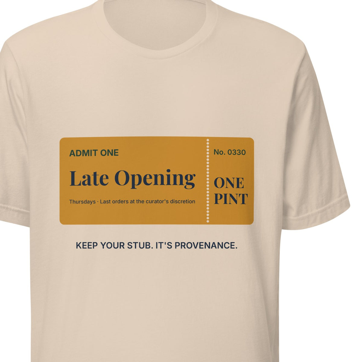 Close-up of the amber Late Opening ticket print on the cream tee