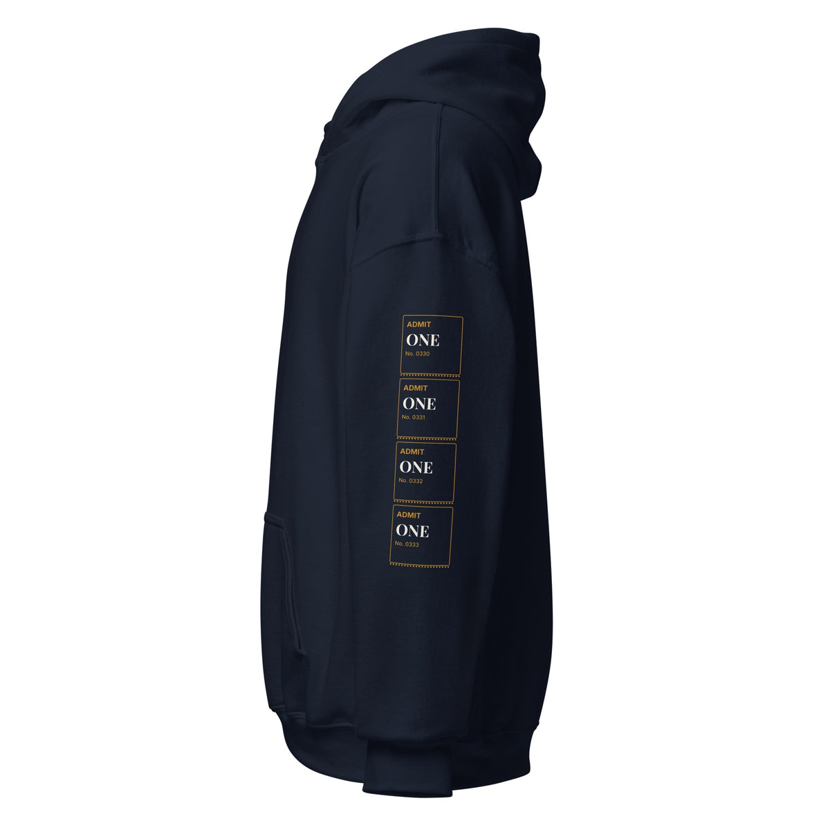 Side view of the navy hoodie showing the ticket stubs printed down the left sleeve