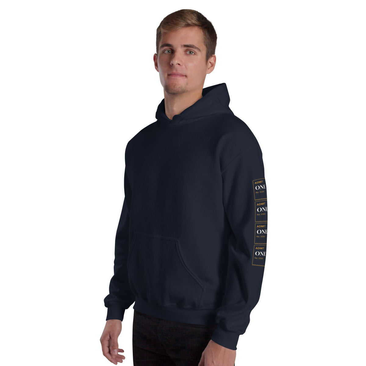 A model wearing the Ticket Strip hoodie in navy