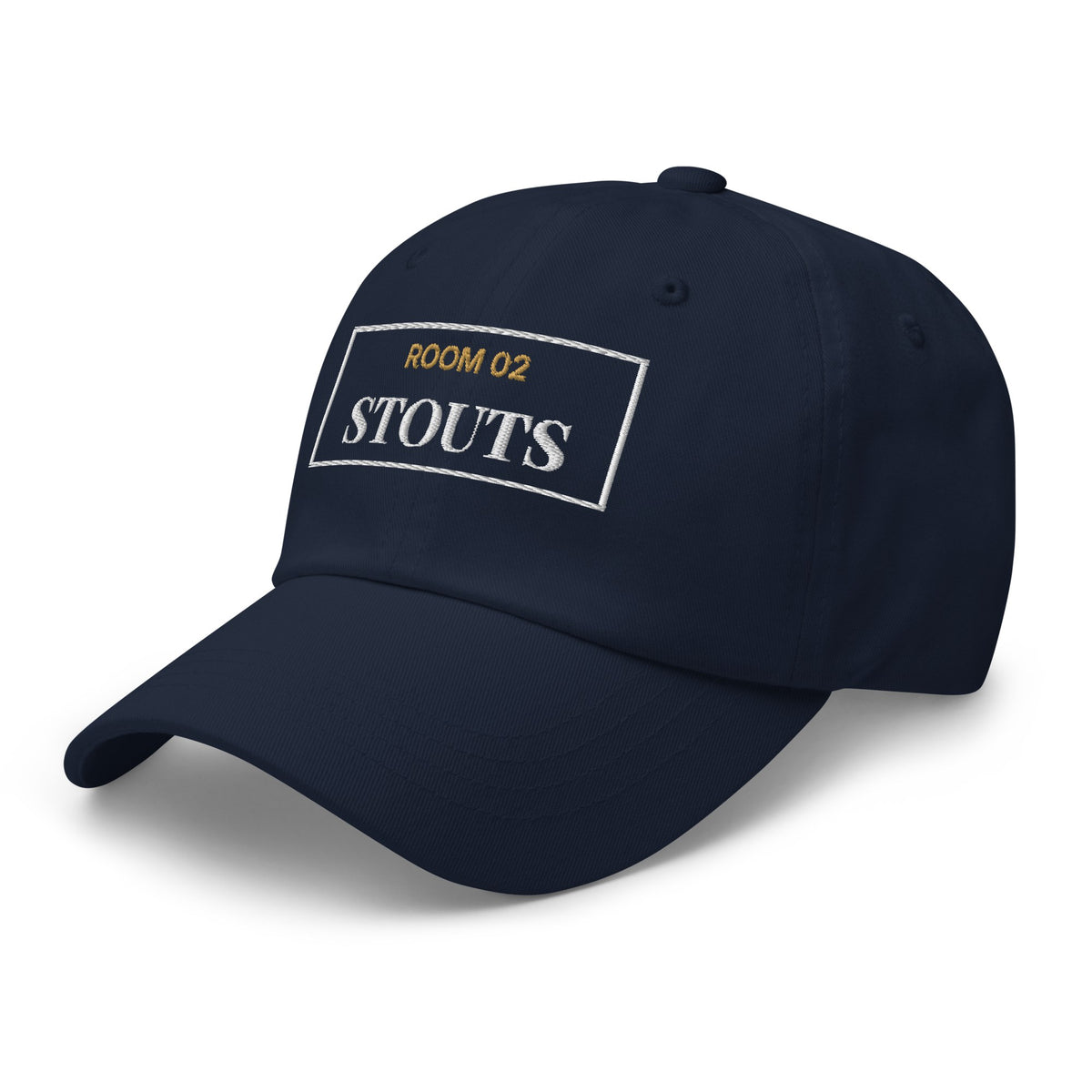 Three-quarter view of the navy dad cap with the Room 02 Stouts embroidery