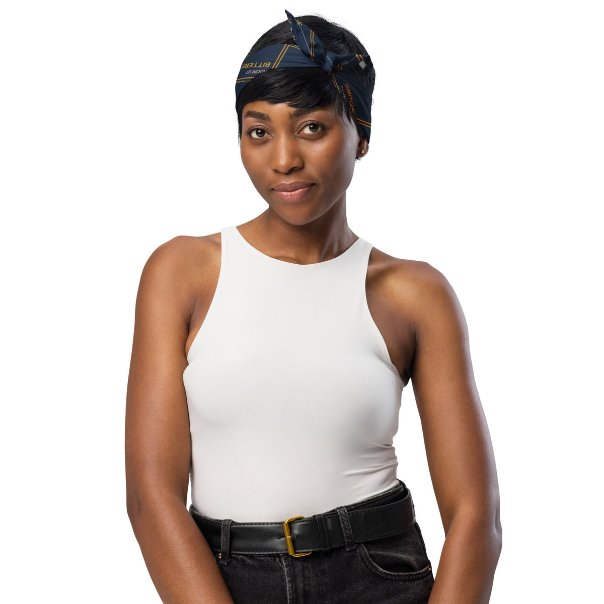 A woman wearing the Floorplan bandana in her hair
