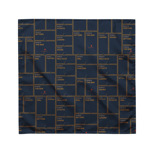 Floorplan bandana laid flat, with an amber gallery plan repeated on navy