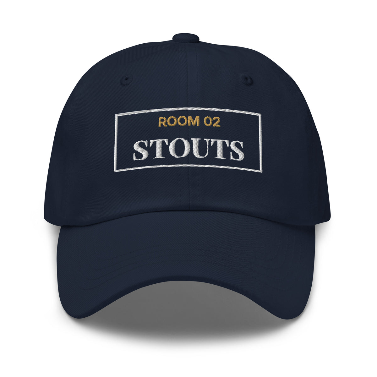 Navy dad cap with Room 02 Stouts embroidered on the front