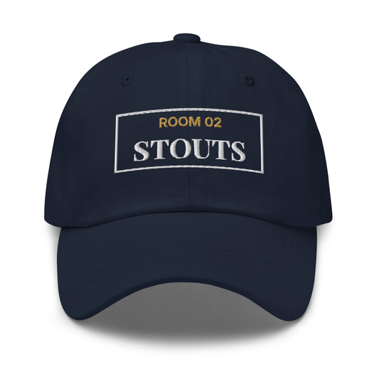 Navy dad cap with Room 02 Stouts embroidered on the front