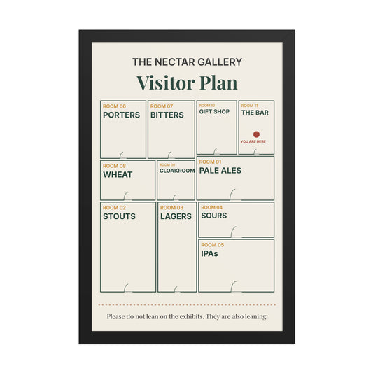 Framed Visitor Plan poster in a black frame, a gallery map with rooms named after beer styles