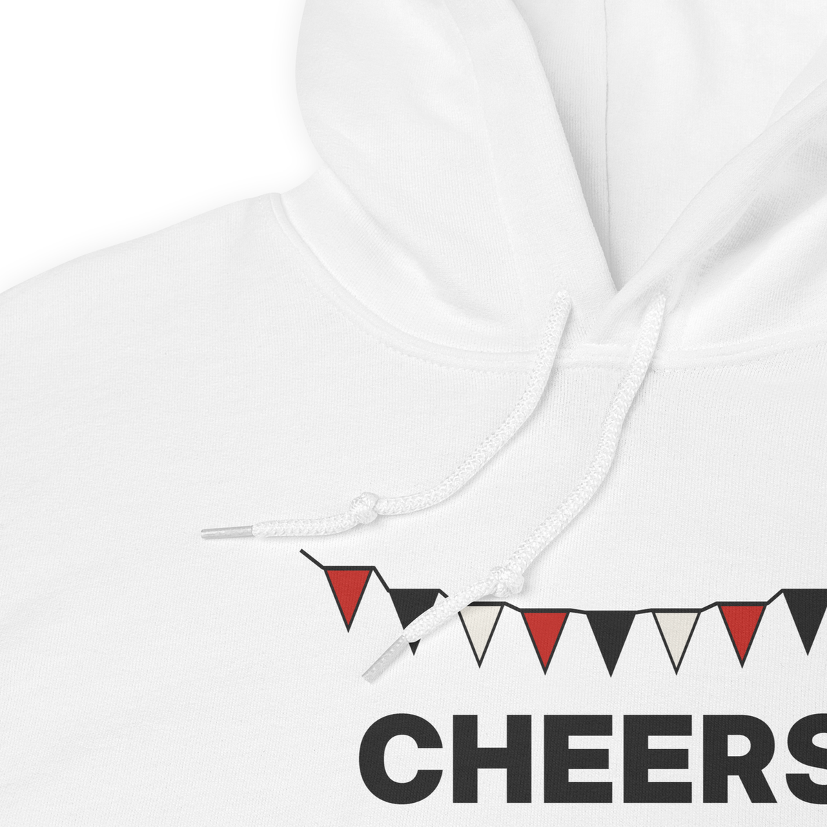 Cheers From The Gallery hoodie, close-up of the bunting and CHEERS print