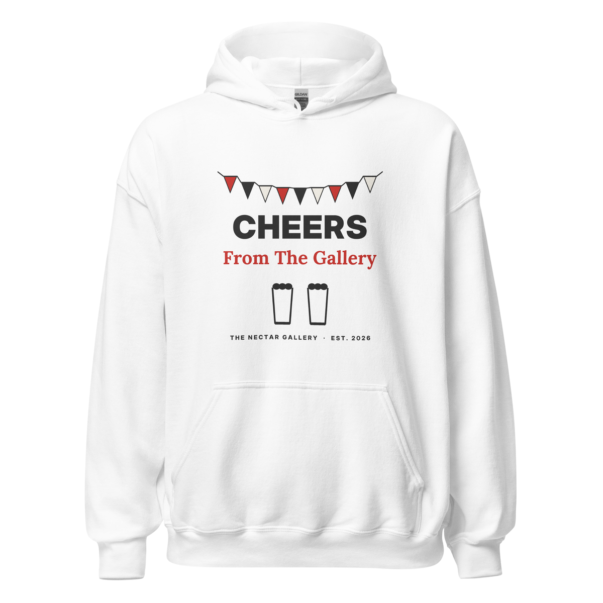 Cheers From The Gallery hoodie, white, front view with bunting and CHEERS postcard-style print