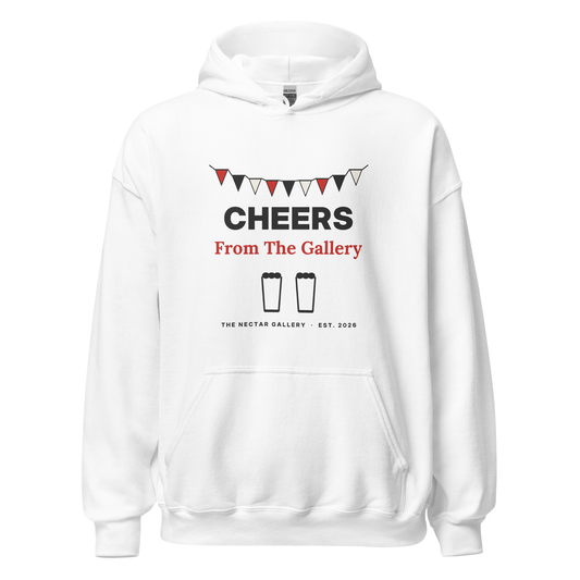 Cheers From The Gallery hoodie, white, front view with bunting and CHEERS postcard-style print