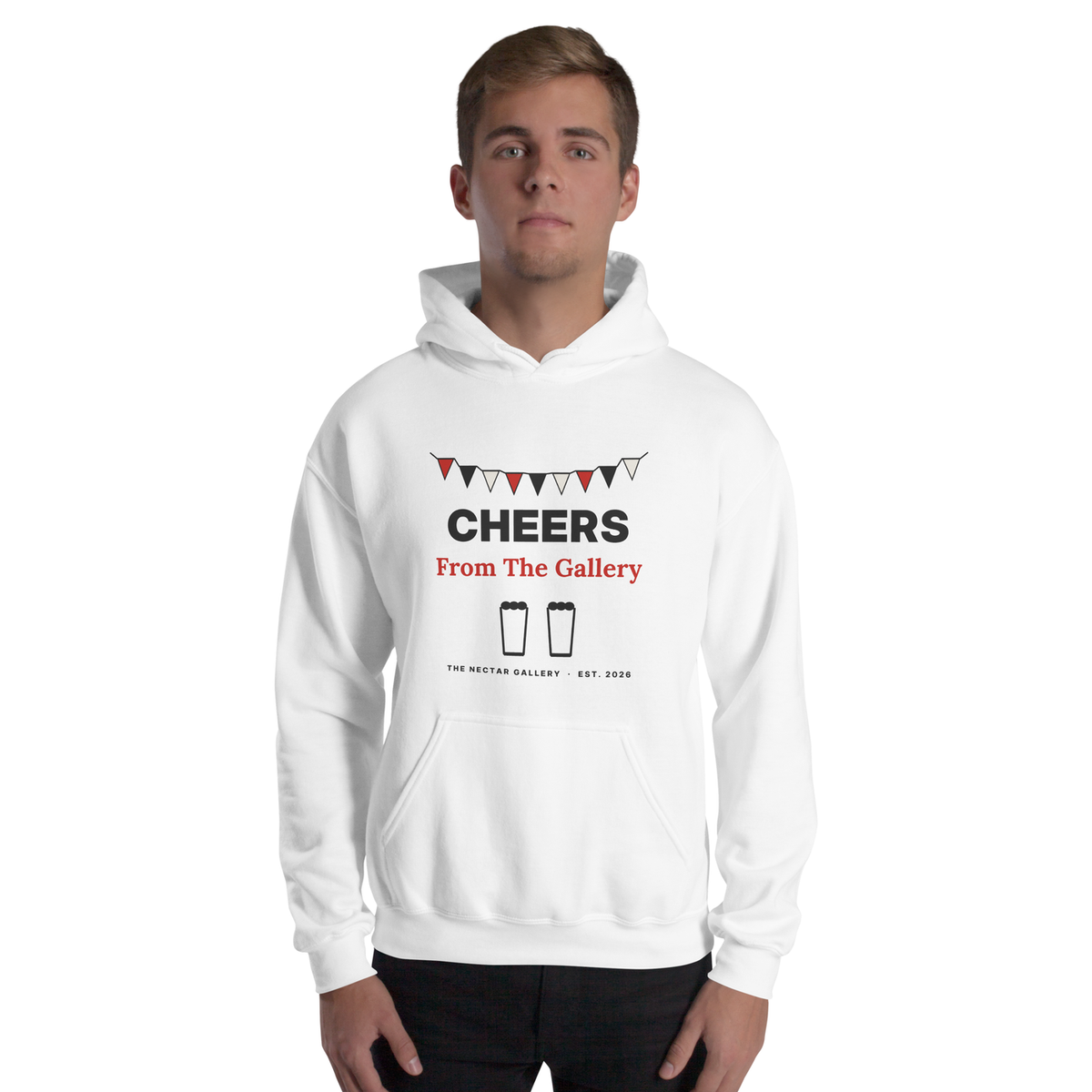 Cheers From The Gallery hoodie, white, worn by a model