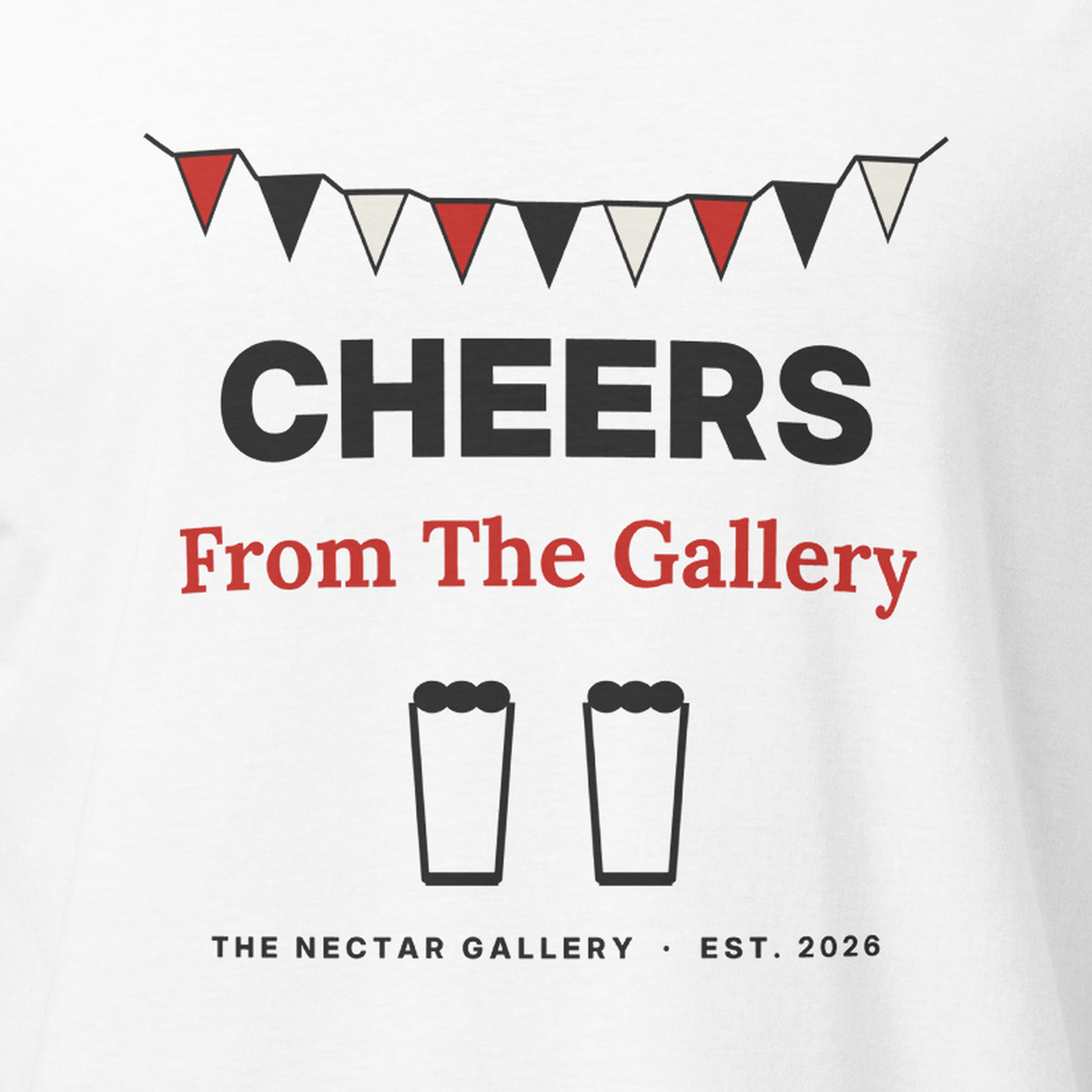 Cheers From The Gallery tee, close-up of the bunting and CHEERS print