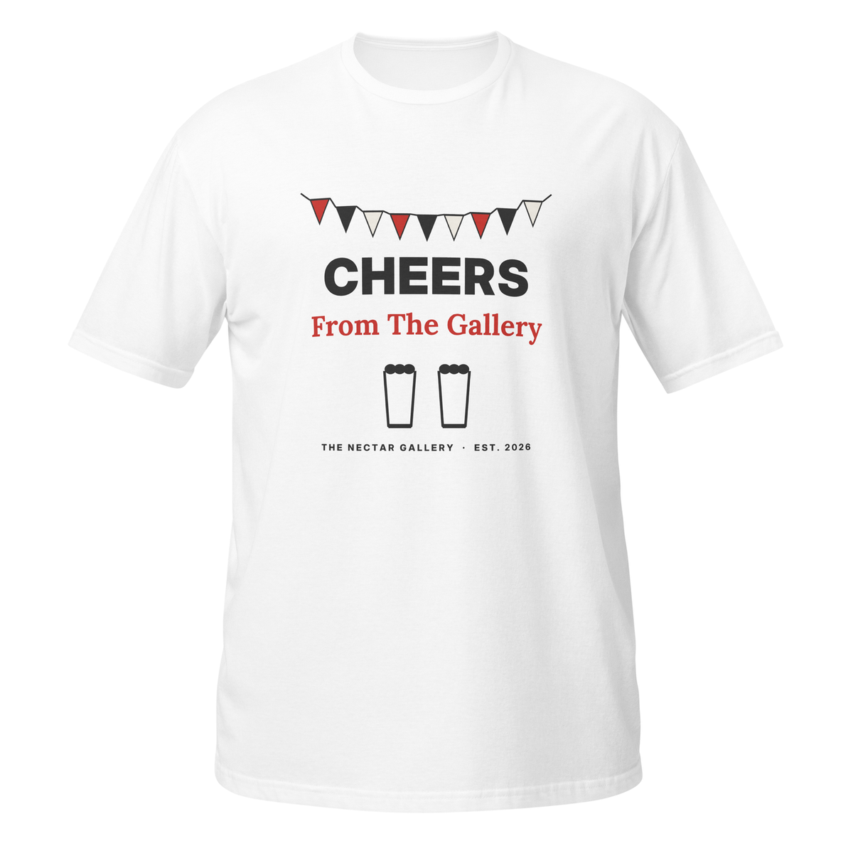Cheers From The Gallery tee, white, front view with bunting and CHEERS postcard-style print