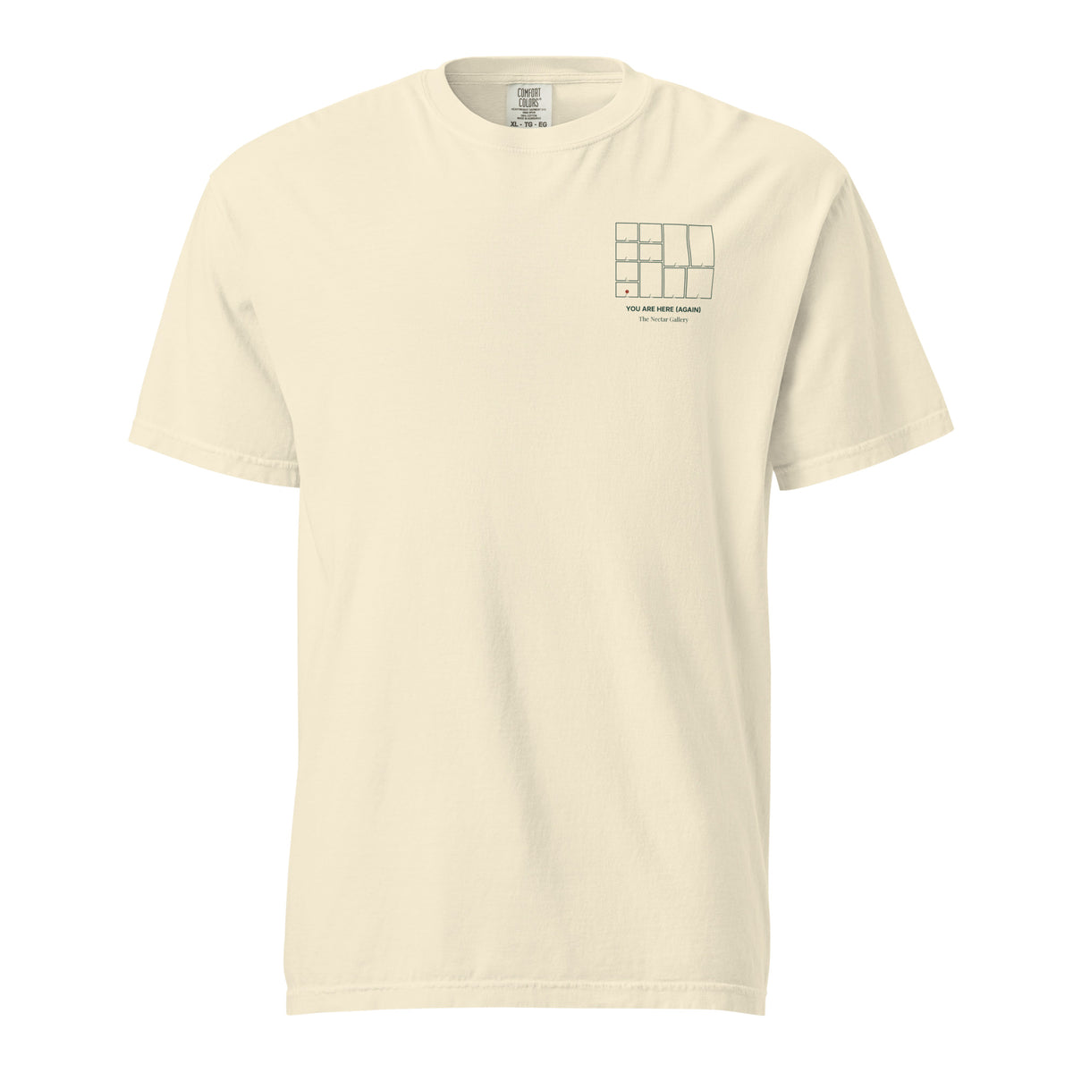 You Are Here (Again) tee in ivory, front view with a small floorplan on the left chest