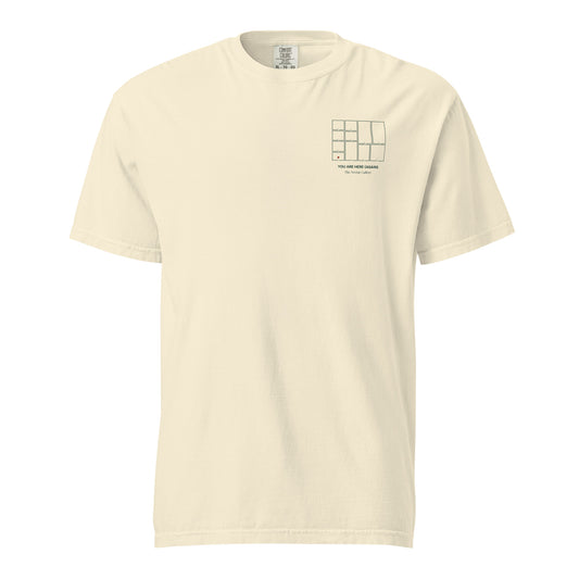 You Are Here (Again) tee in ivory, front view with a small floorplan on the left chest