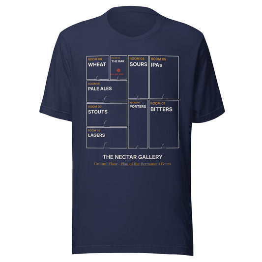The Floorplan Tee in navy, front view with the gallery floorplan print
