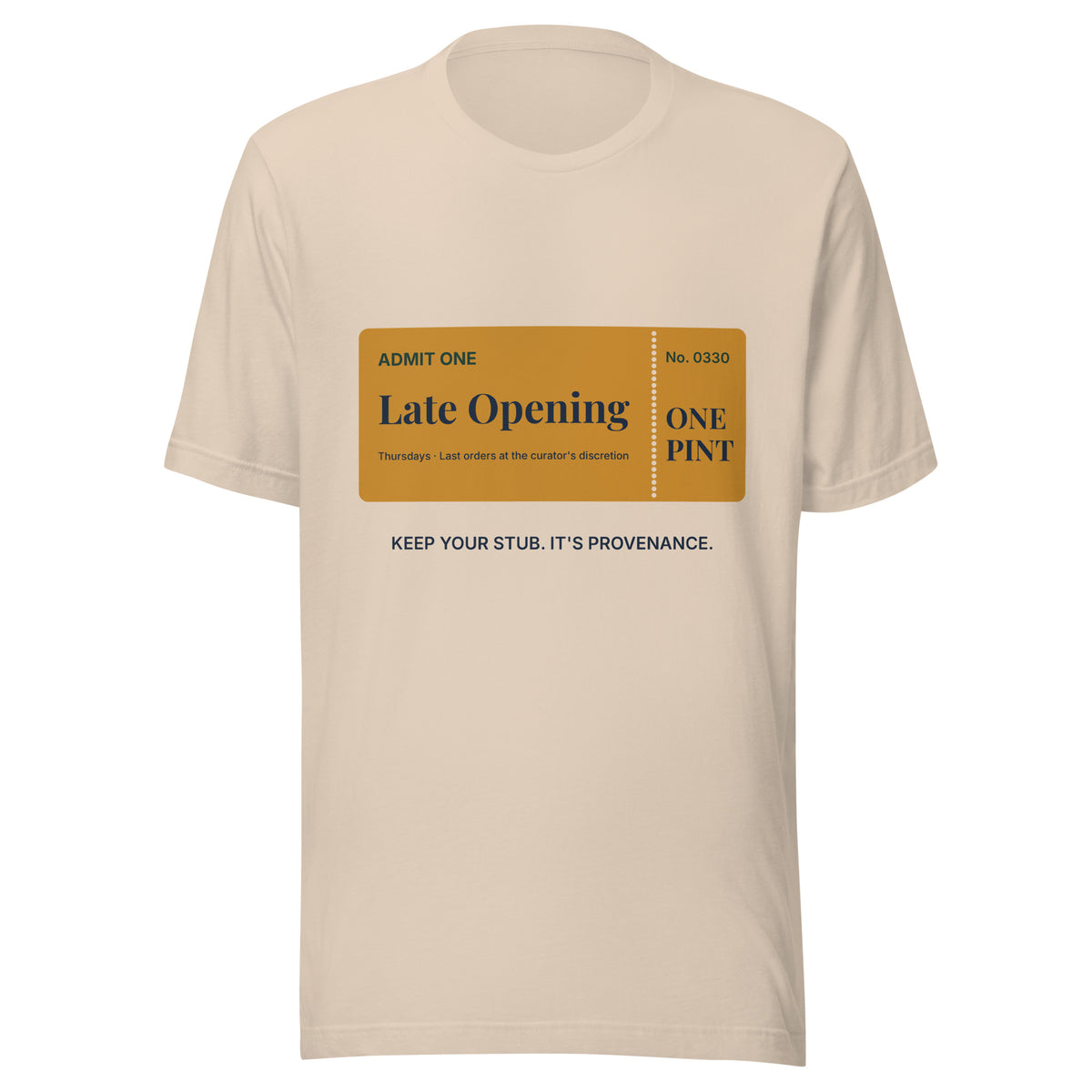 Admit One tee in soft cream, front view with an amber Late Opening ticket print
