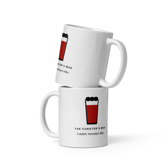 The Curator's Mug, white ceramic mug, front view